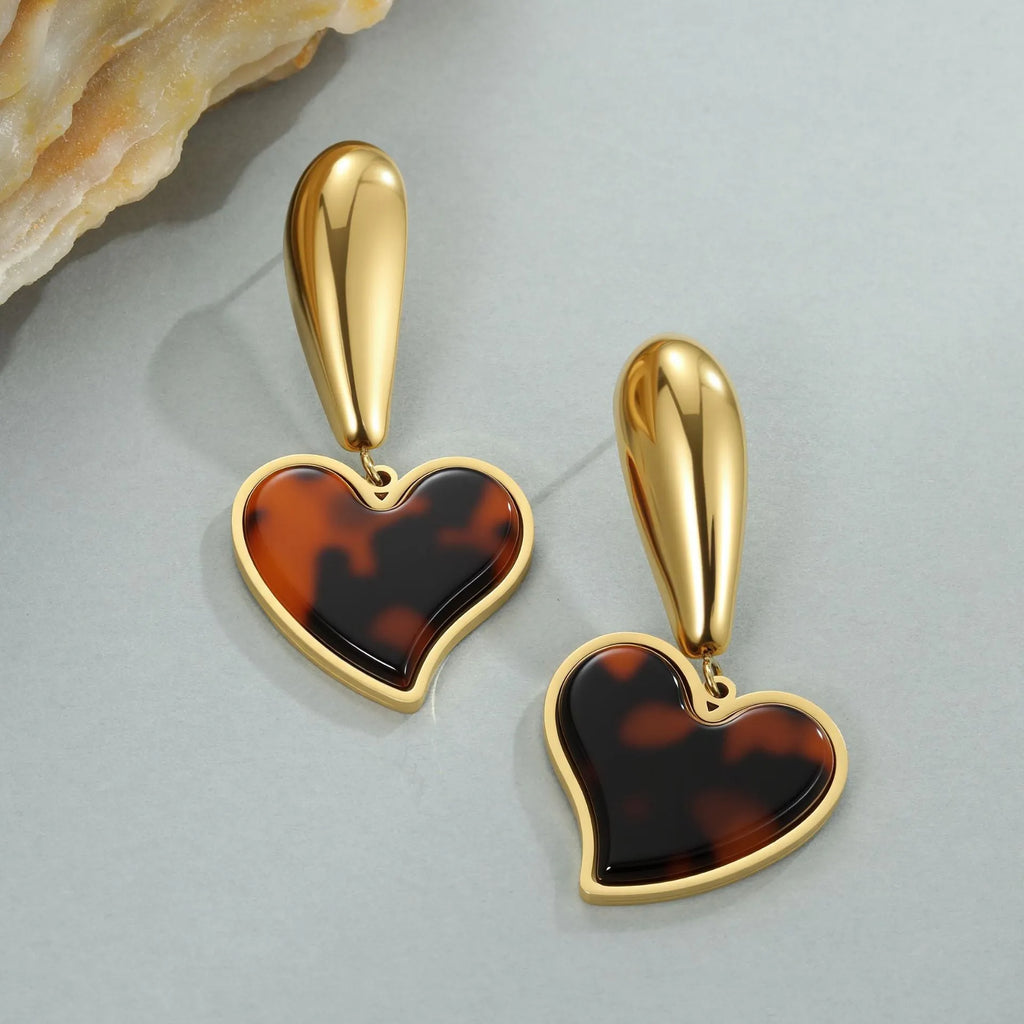 Tortoiseshell resin hawksbill colour earrings with electroplated 18K stainless steel in heart and floral geometric designs