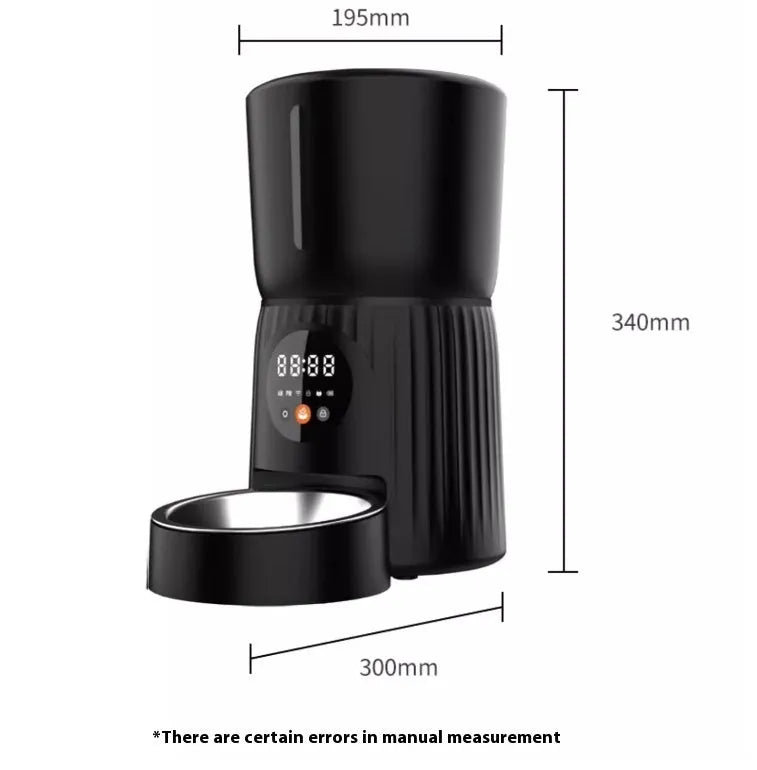 Black intelligent pet feeder with LCD screen showing feeding schedule and portion settings