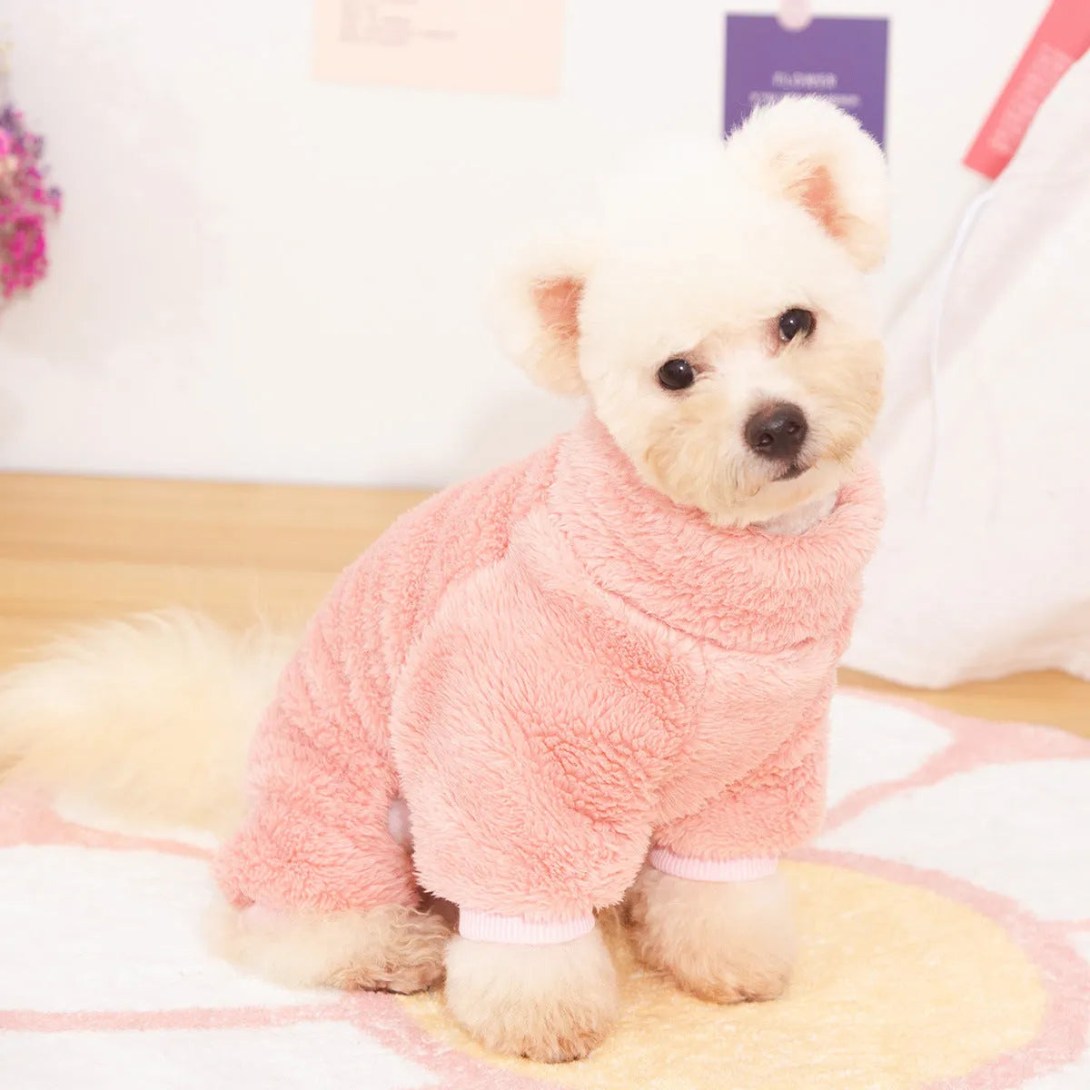 Double-sided thick plush dog clothes with four-legged design, high collar and towing ring in khaki colour