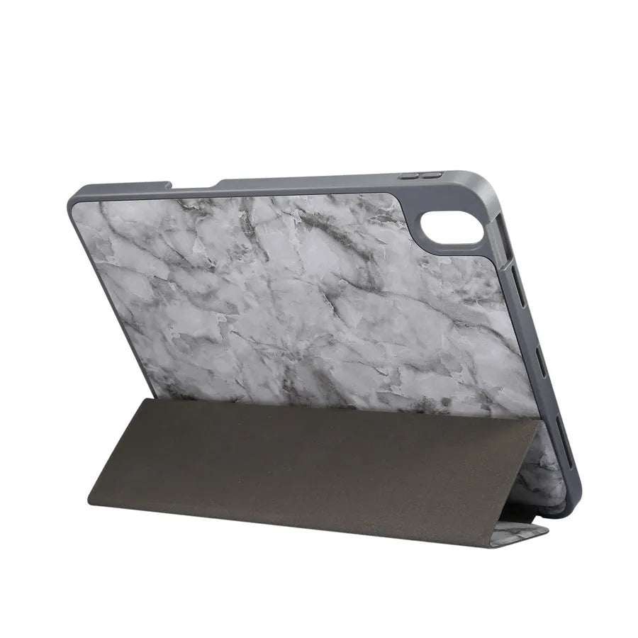 Tri-fold marbling imitation leather iPad case with a visible Apple Pencil slot, shown in dark grey.