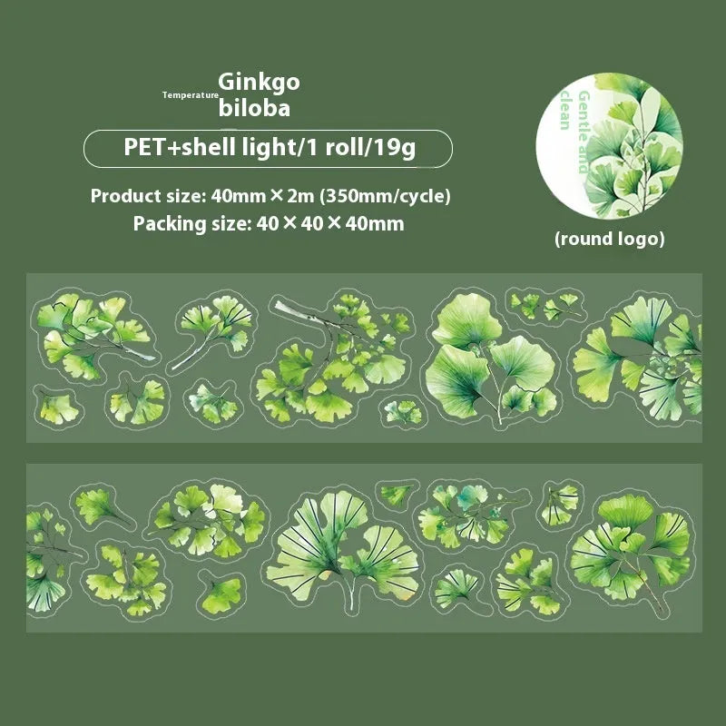 PET decorative sticker roll showing six natural leaf colour variations including ginkgo and maple designs