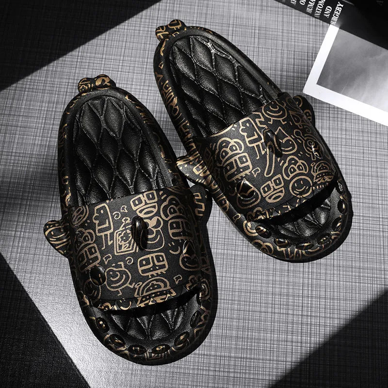 Cute shark design on light beige EVA open-toe home slippers for indoor wear.