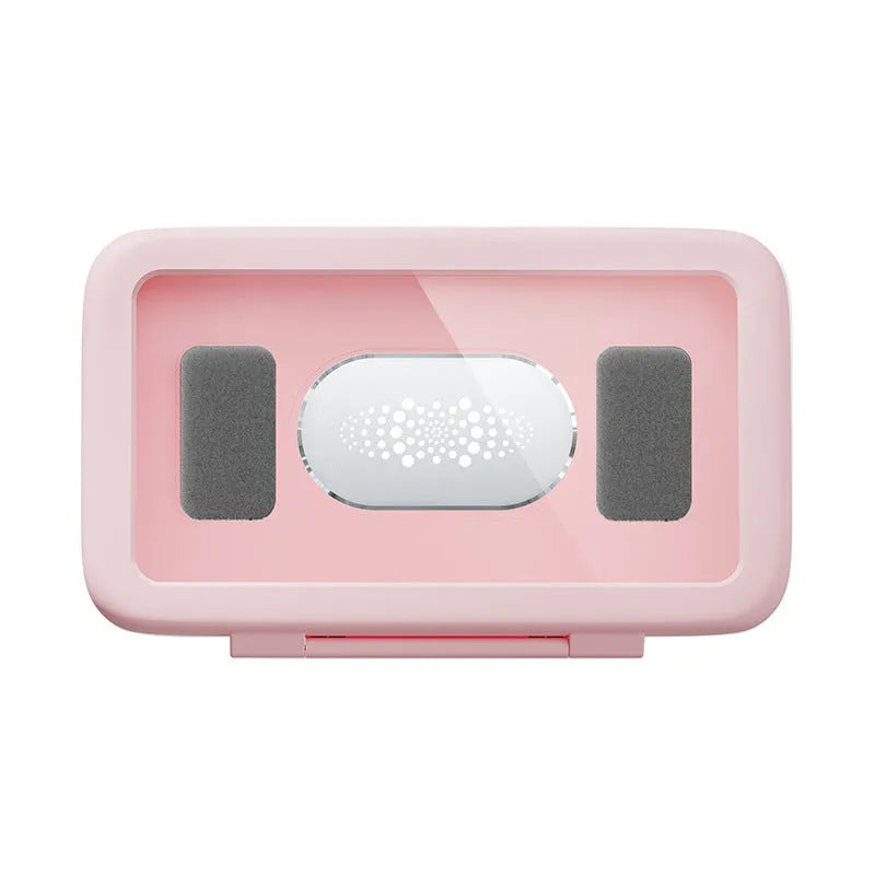 White waterproof phone holder mounted on bathroom tile with phone inside showing touch screen access