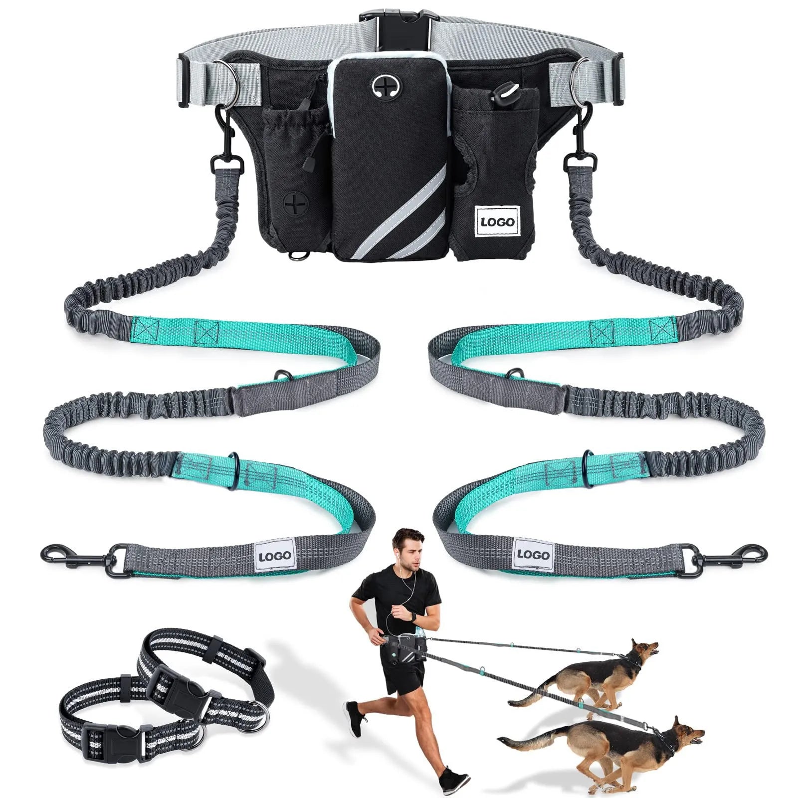 Black outdoor dog walking set with waist bag and leash combination for hands-free pet control