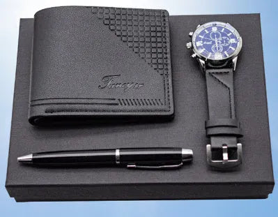 Business gifts set showing wallet, pen and watch in modern black presentation within OPP gift box