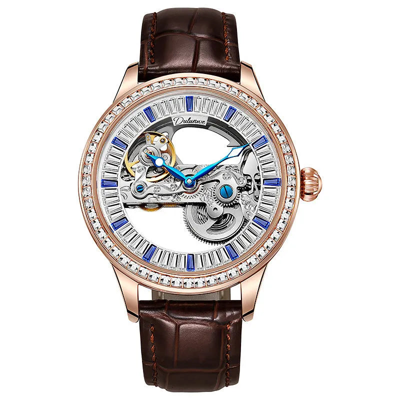Men's luxury zircon mechanical watch with stainless steel case and black leather strap