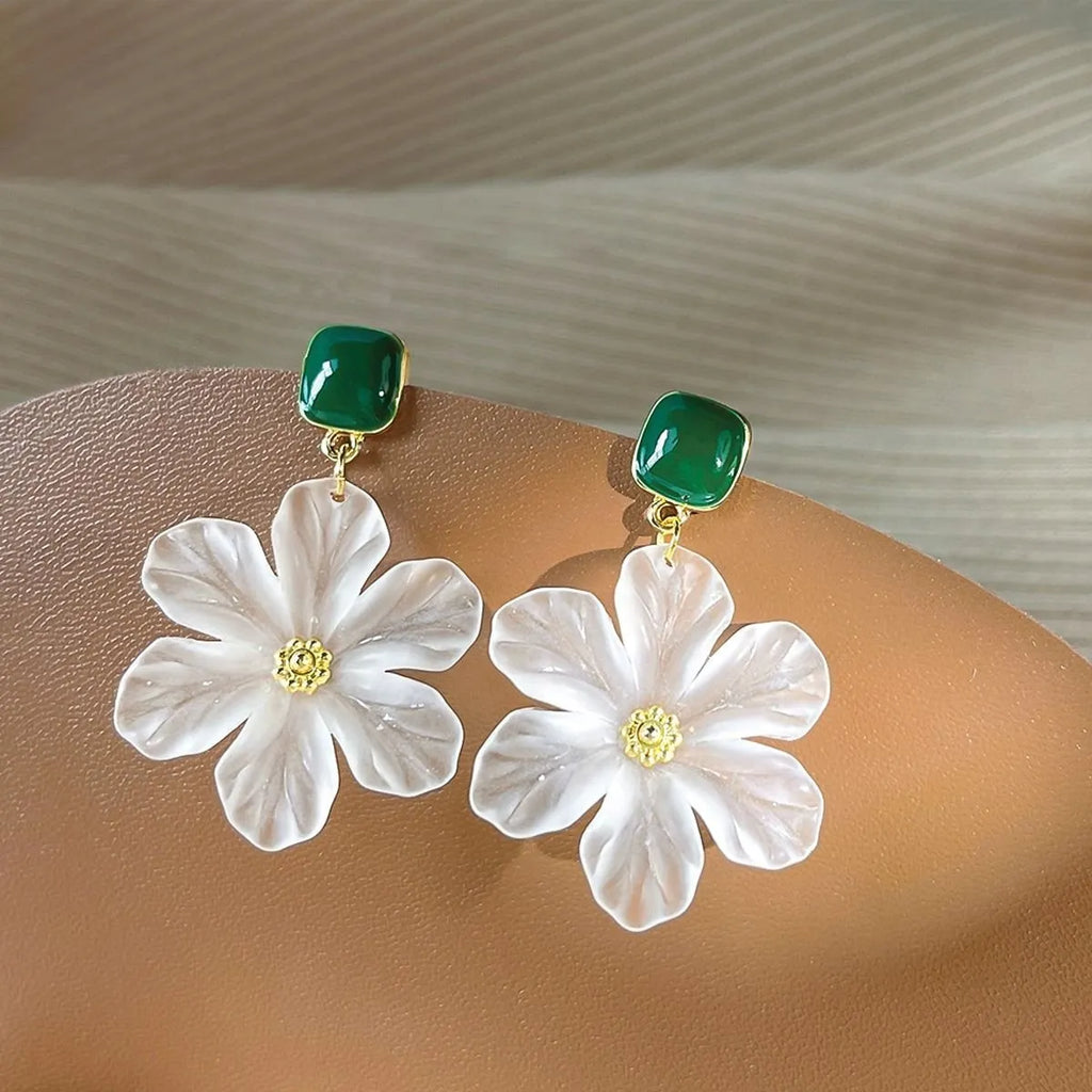 Dark green alloy needle flowers sweet earrings with drop style dangle design