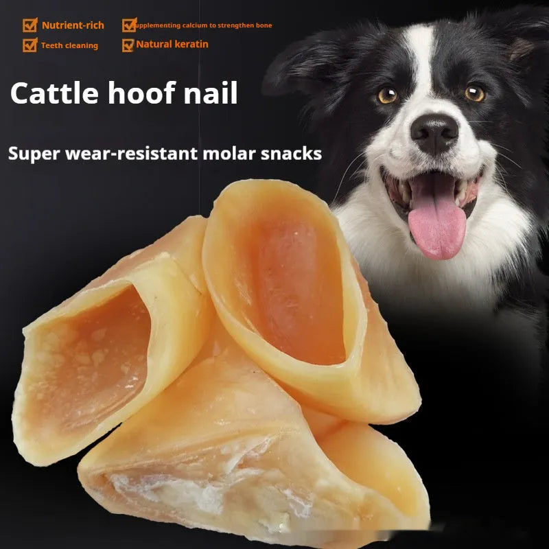 Natural cowhide dog chew toy in hoof shell colour with grinding rod design for small and large dogs