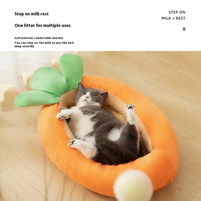 Carrot orange double-sided dog mattress with removable cloth cover, shown in medium and large sizes.