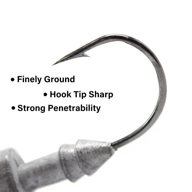 Yayu-shaped lead head hook fishing lure simulation in blue, silver, and yellow colours showing different weight sizes.
