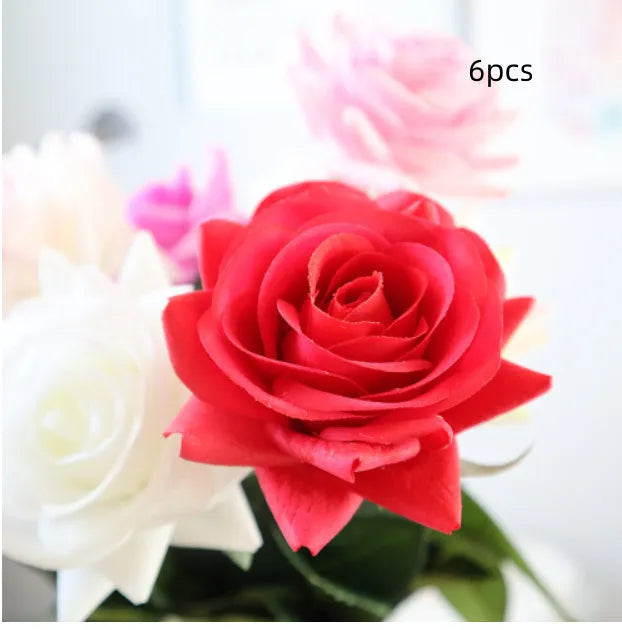 Silk artificial rose bouquet with 8.5cm flower heads in red, orange, white or purple fringe pink colours