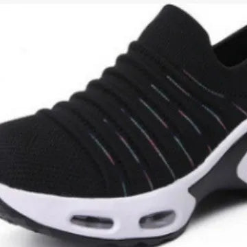 Plus size women's and men's stretch knit sock shoes in dark blue with fly-knit mesh upper.