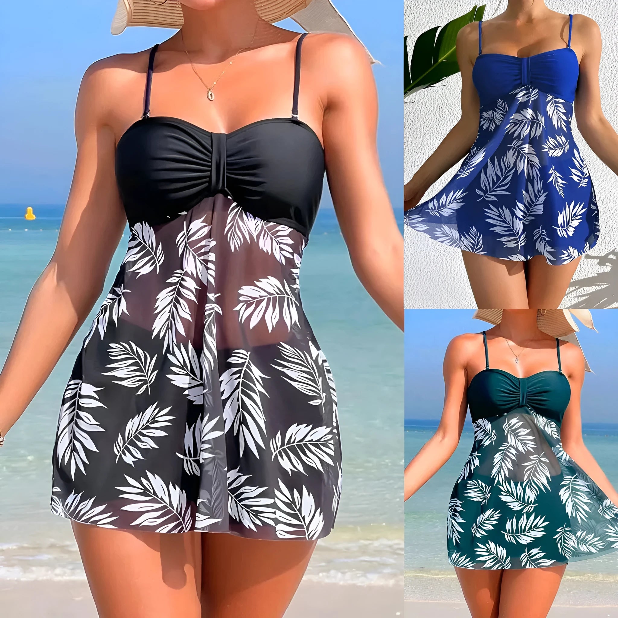 Women's high-waist mesh swimsuit briefs in peacock green, blue and black colours.