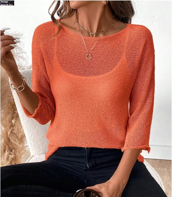 Women's off-shoulder knitted pullover top with 3/4 sleeves in thin polyester fabric