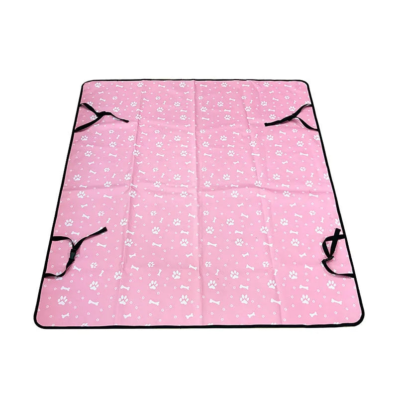 Waterproof car rear seat pet mat with non-slip backing in grey with dog footprint pattern