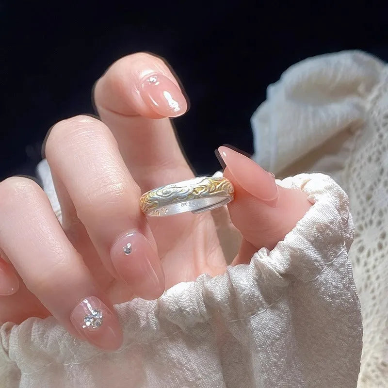 White copper adjustable ring with geometric Xiangyun cloud pattern and electroplated silver-gold finish