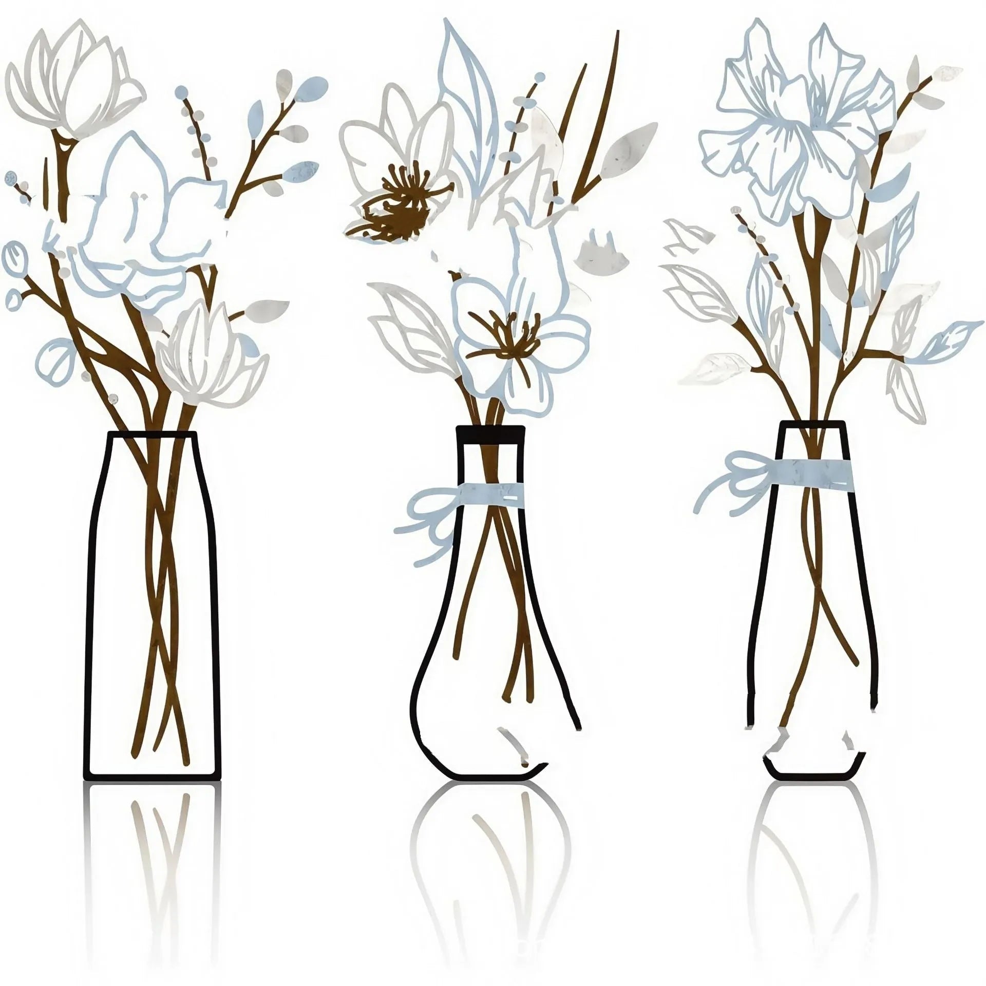 Set of three metal flower wall art pieces with colour vase designs for farmhouse bathroom decoration