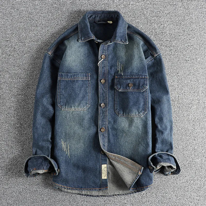 Men's loose-fit washed vintage denim shirt in light blue and dark blue colour options.