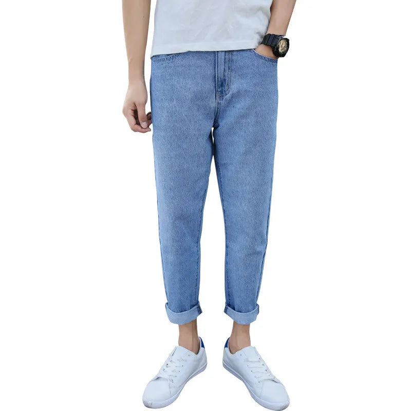 Men's black and blue loose straight harem jeans with light straight leg opening