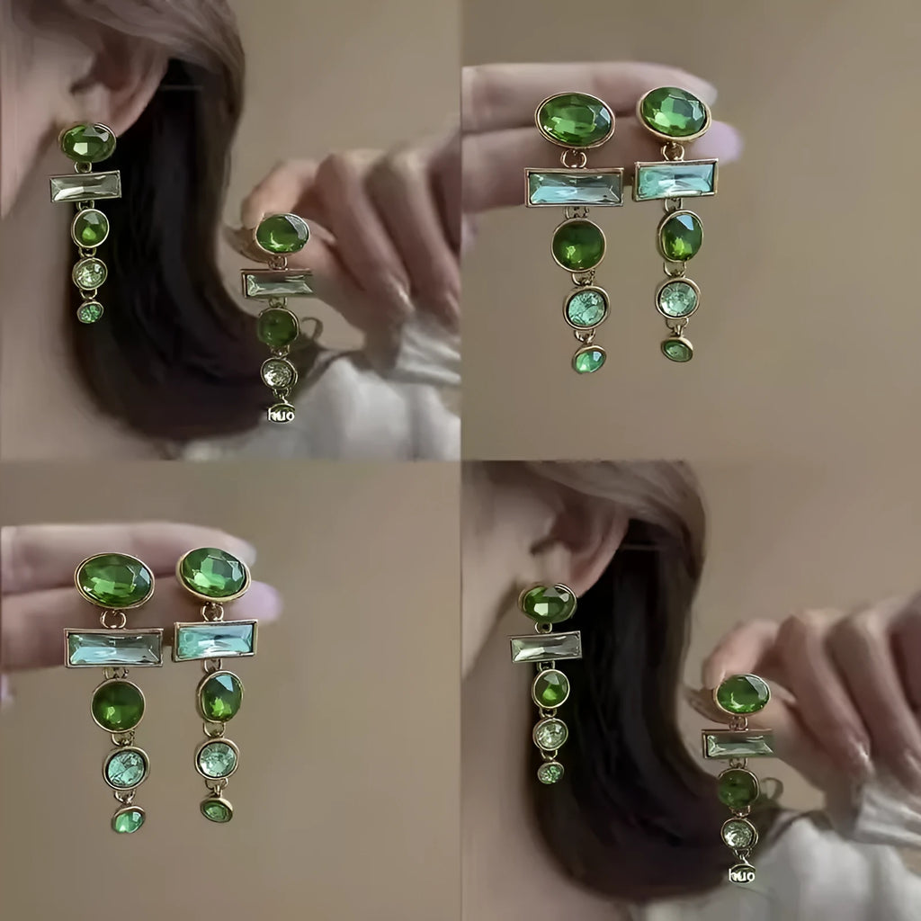 Green gradient geometric earrings with tassels and inlaid zircon detailing, Chinese-style alloy dangle earrings for women.