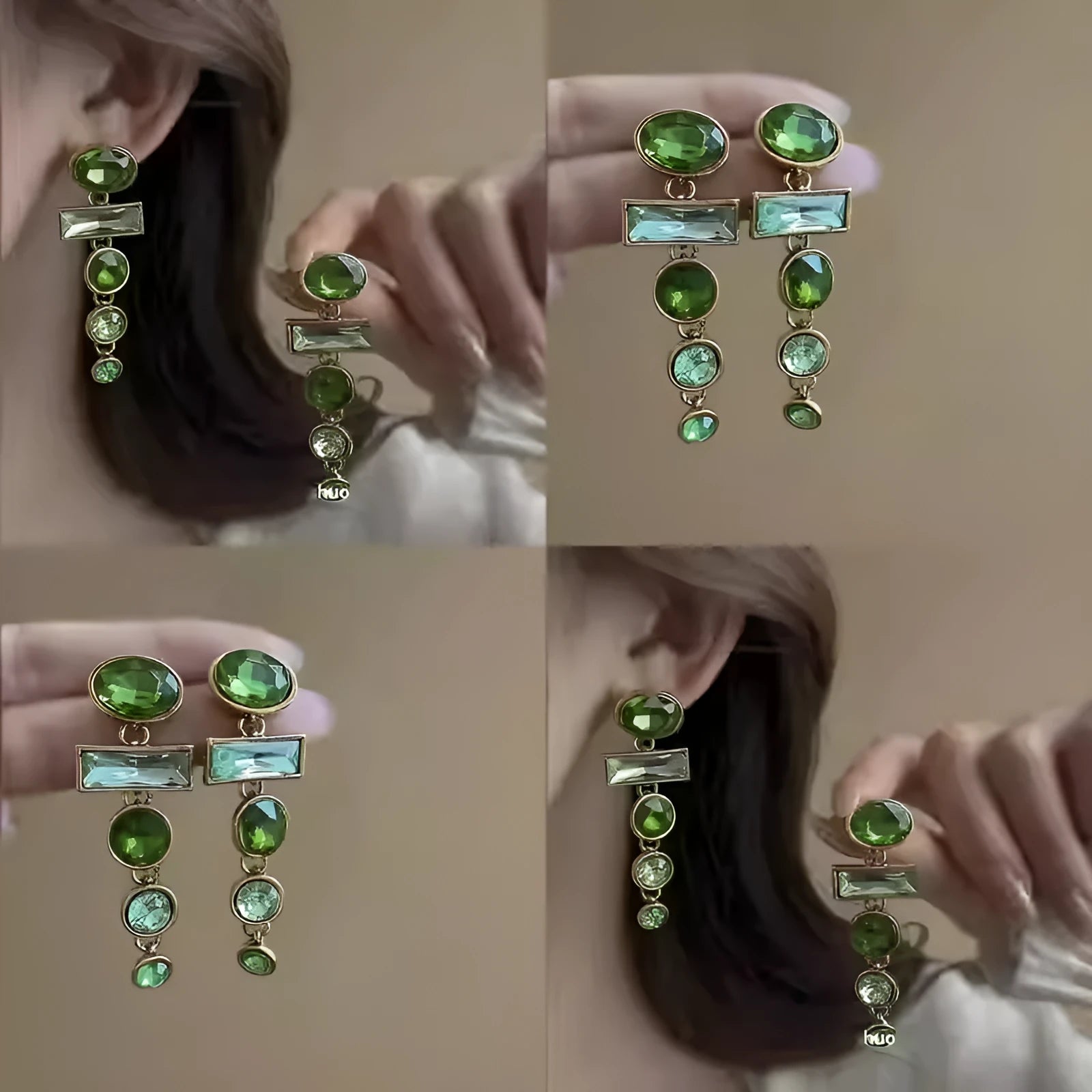 Green gradient geometric earrings with tassels and inlaid zircon detailing, Chinese-style alloy dangle earrings for women.