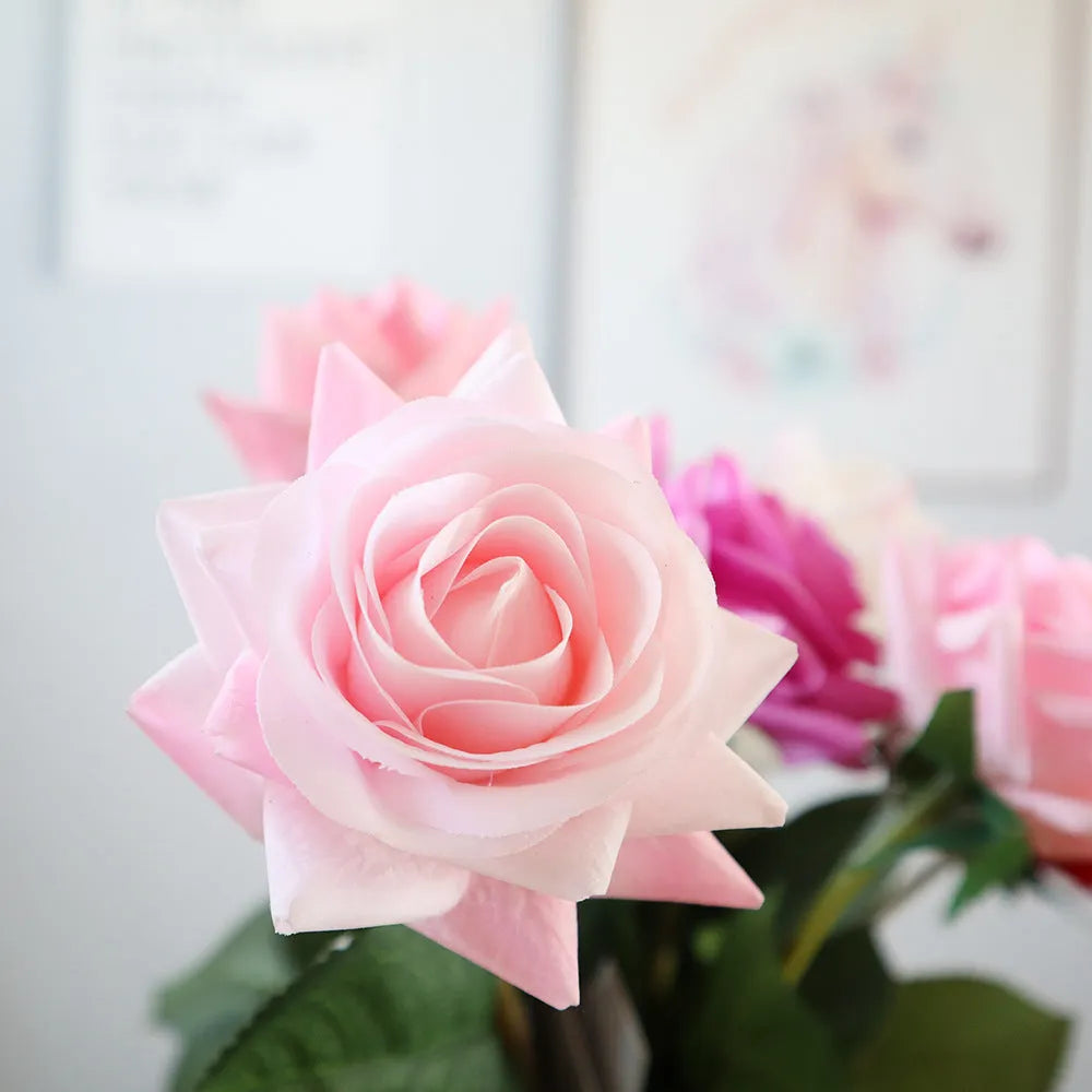 Silk artificial rose bouquet with 8.5cm flower heads in red, orange, white or purple fringe pink colours