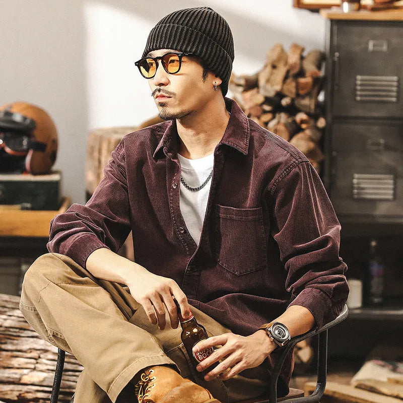 Men's retro corduroy shirt jacket in red or black colours with loose fit design