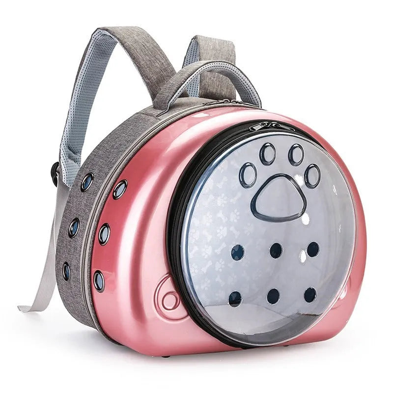 Transparent space capsule pet carrier bag for cats in rose gold, luxury silver, or champagne gold.