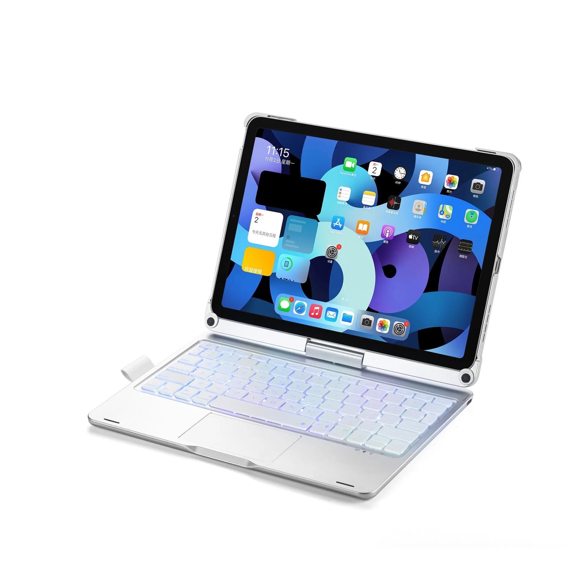 Miaocontrol silver rotating Bluetooth keyboard attached to an Apple iPad Pro tablet showing 360-degree hinge.