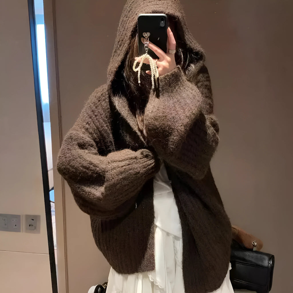Women's brown retro-style hooded cardigan with loose fit and thick acrylic fabric