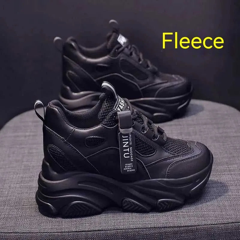 Women's black mesh platform casual shoes with hollow-out design and toe holder styling