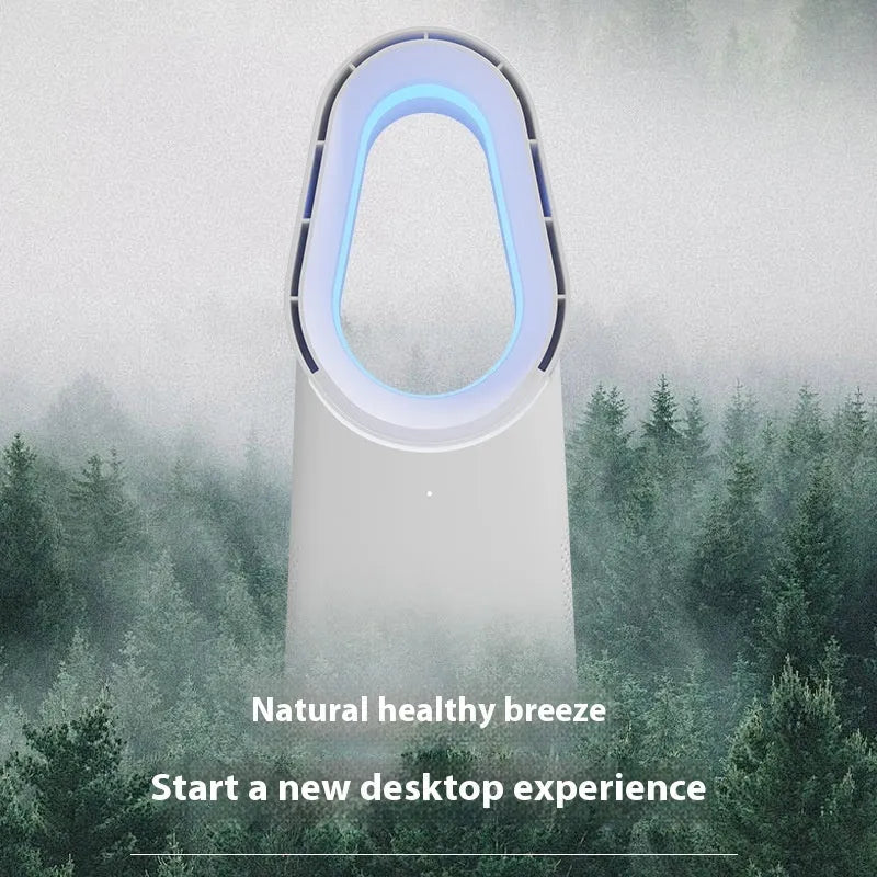 SK white bladeless tower fan with remote control on desktop