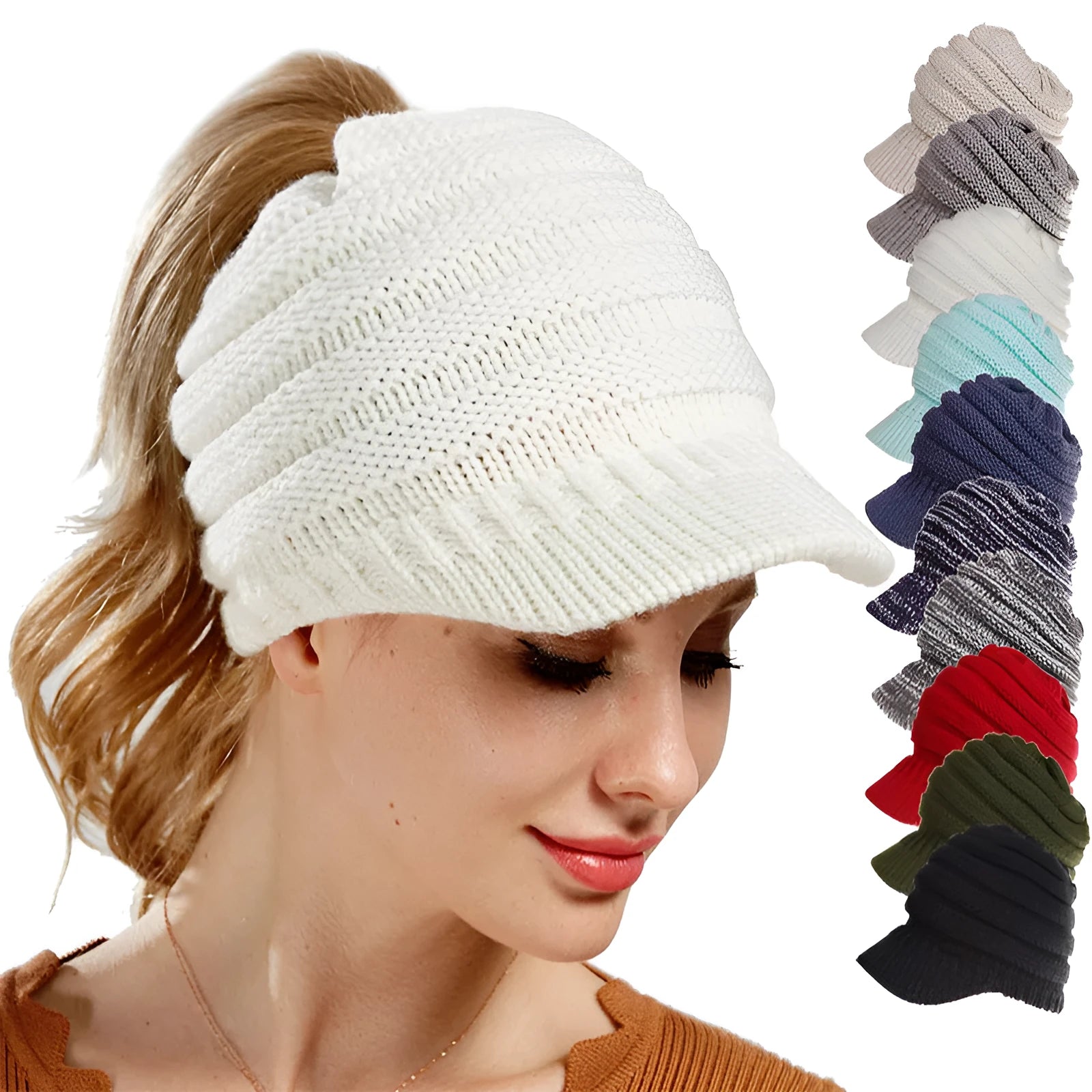 Women's acrylic knitted ponytail beanie hat in beige colour on a model.