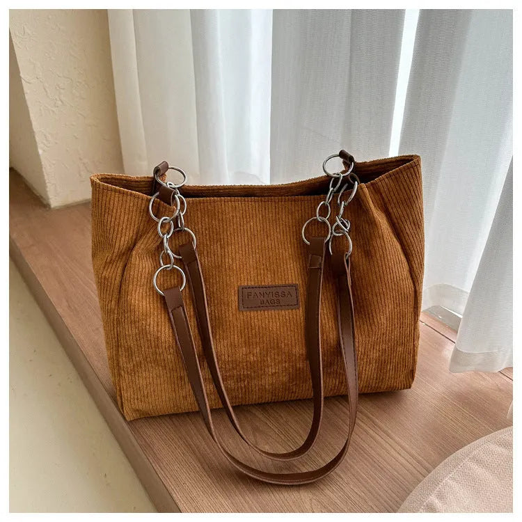 Corduroy one-shoulder tote handbag with large capacity and horizontal square design