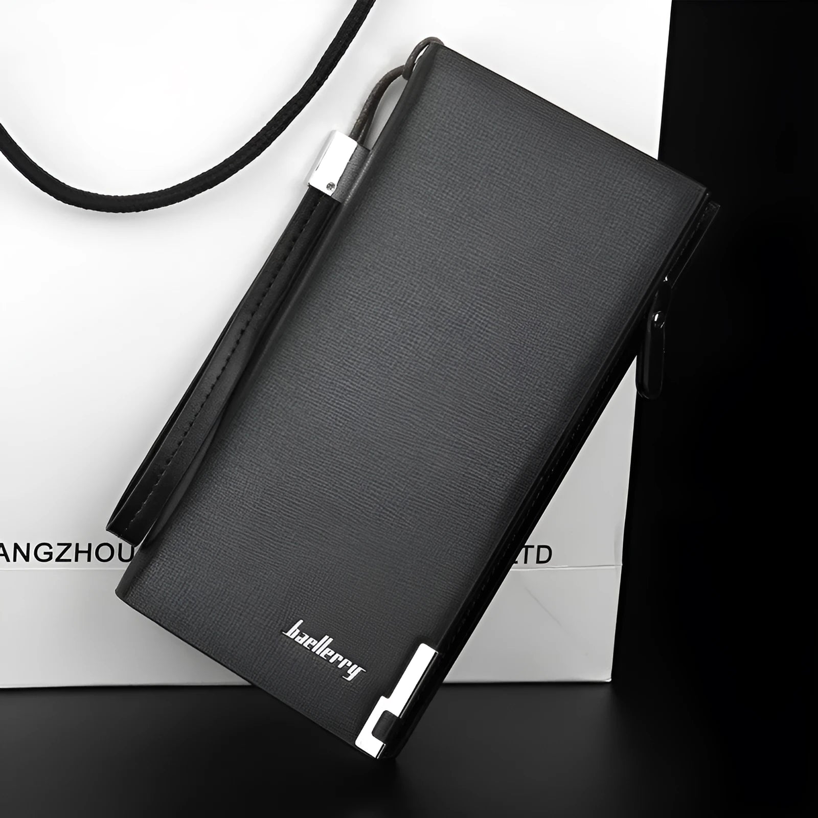 Men's black PU leather wallet with zipper closure showing seven card slots