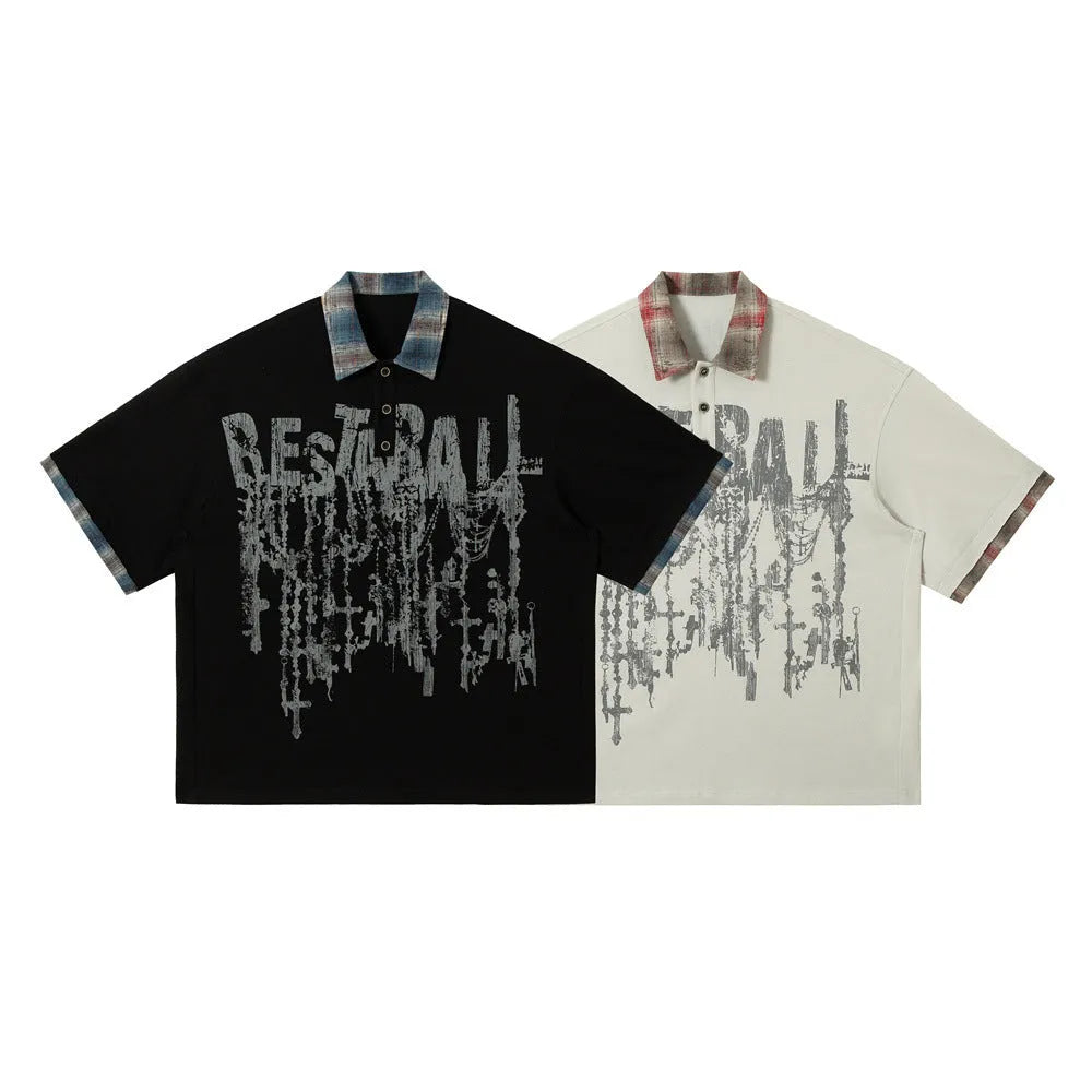 Men's loose blue cotton top with graffiti print and asymmetric streetwear design