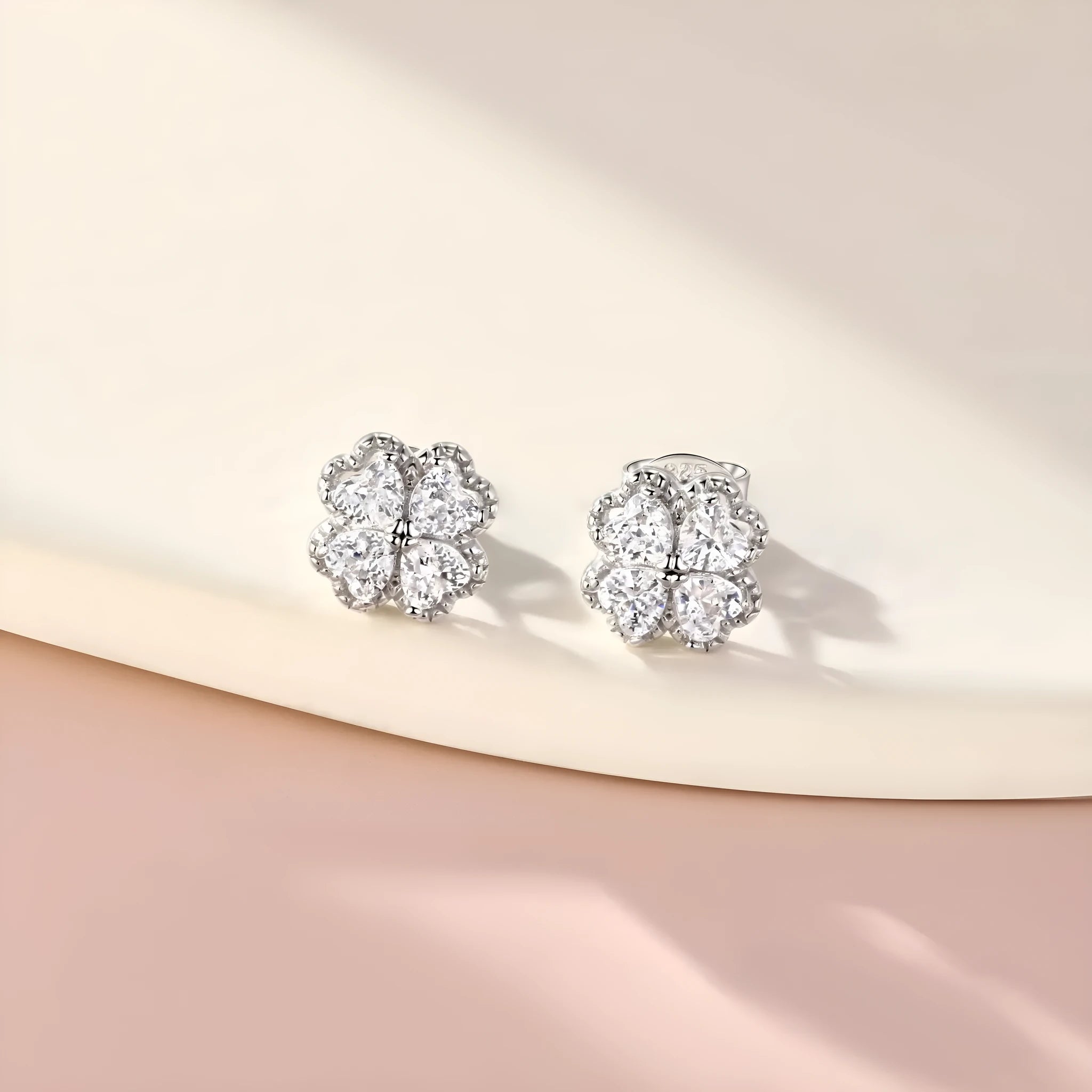 925 sterling silver four-leaf clover heart earrings with zircon detailing in white gold colour