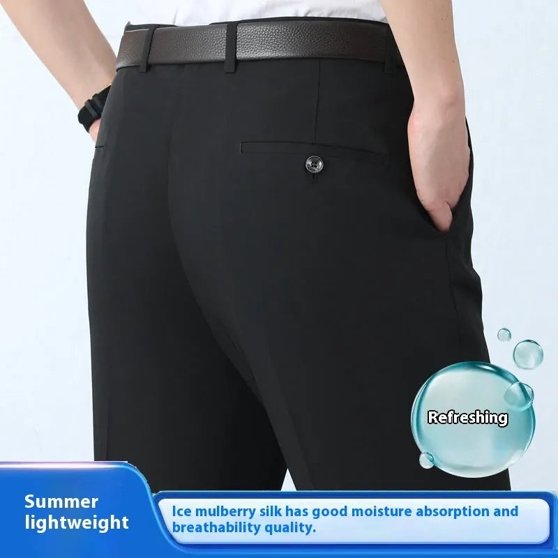 Men's straight fit mulberry silk blend business trousers with high waist in dark blue colour