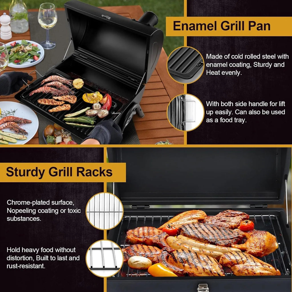 Small foldable charcoal barbecue stove with grill attachment on desktop