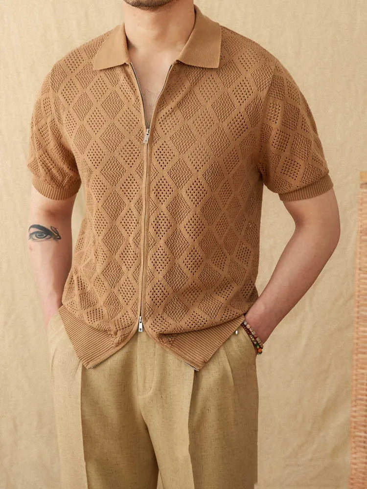 Men's light brown cotton short sleeve cardigan with front zipper and lapel collar showing Asian sizing label