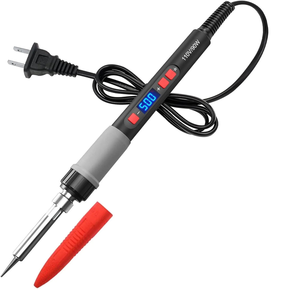 Grey 90W electric soldering iron with temperature control display and included accessories