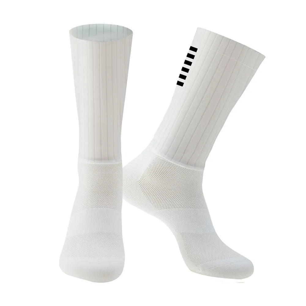 A pair of breathable athletic cycling socks in a chemical fibre blend, shown in one of six available colours.