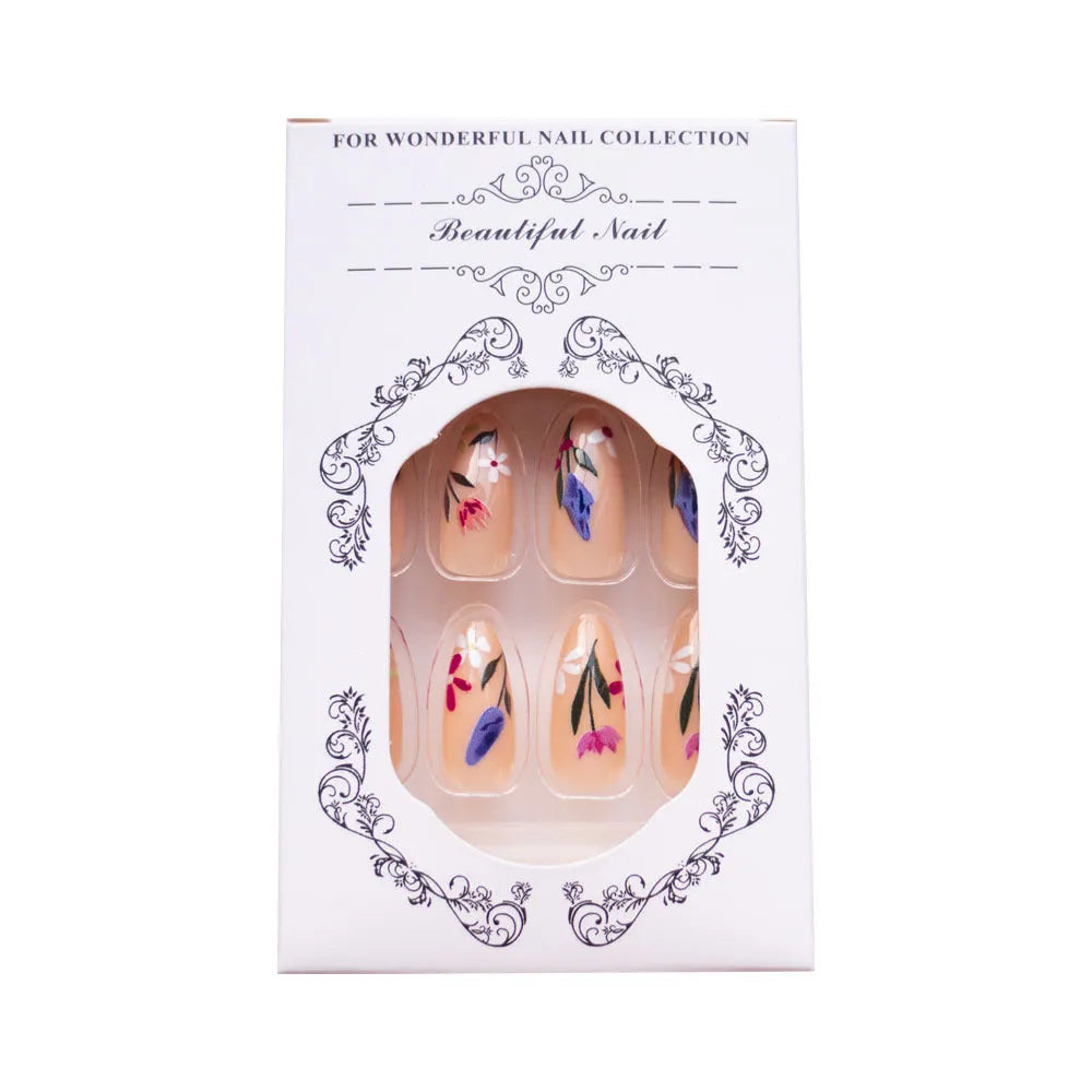 Almond-shaped removable nail art wear armour with rose and tulip floral patterns