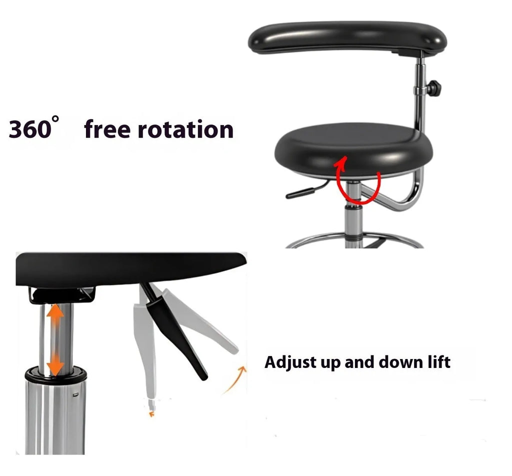 Black leather dental chair with a lift mechanism for hospital and surgery use.