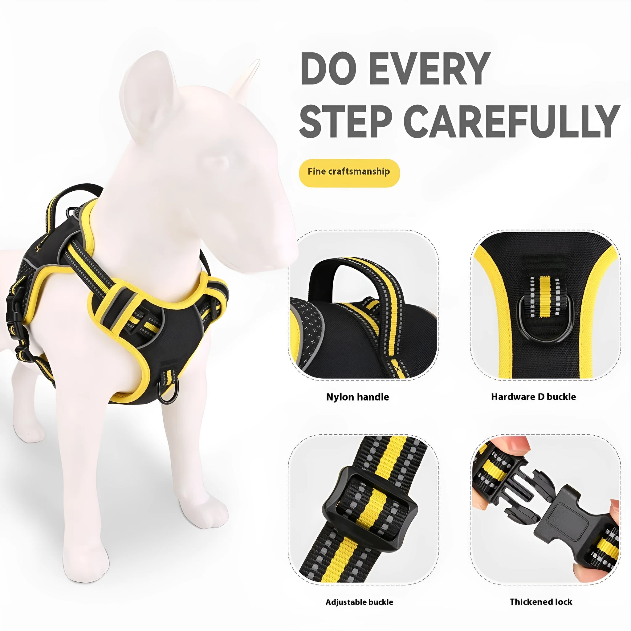 Polyester dog training harness with anti-breaking loose design in yellow and orange colours