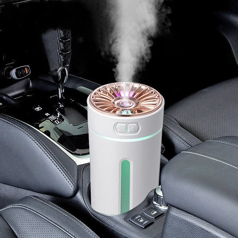 Black portable USB rechargeable humidifier with colourful LED lights and compact design for car or desktop use