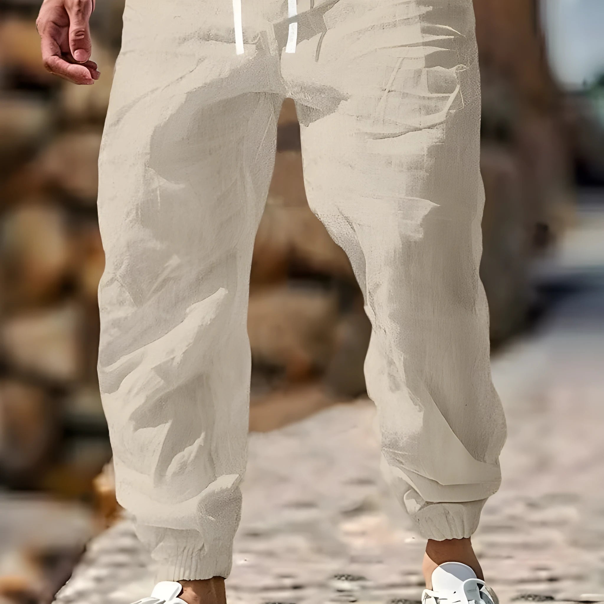 Men's straight-leg cotton linen trousers with elastic waistband in army green colour
