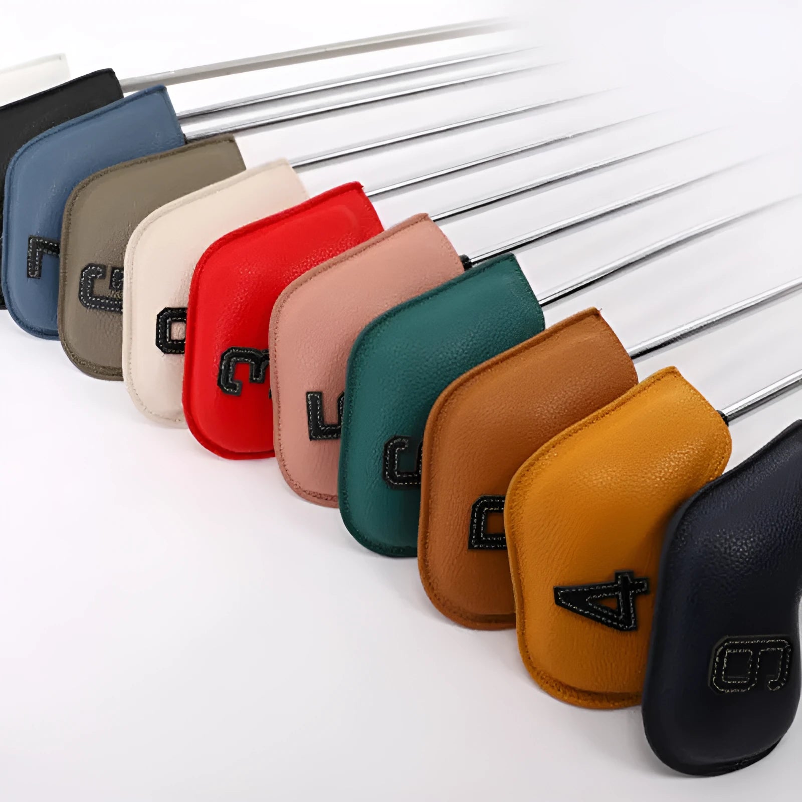 Set of 10 PU leather golf club head covers with printed ball designs for golf bag protection