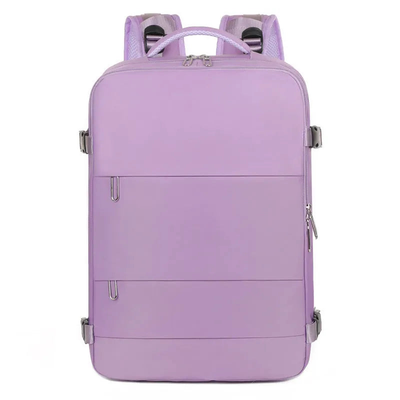 Large purple Oxford cloth travel backpack with air pillow belt system and multiple compartments