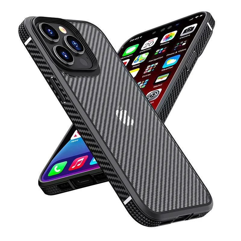 Black anti-fall protective phone case for Apple iPhone 13 models with a carbon fibre pattern.